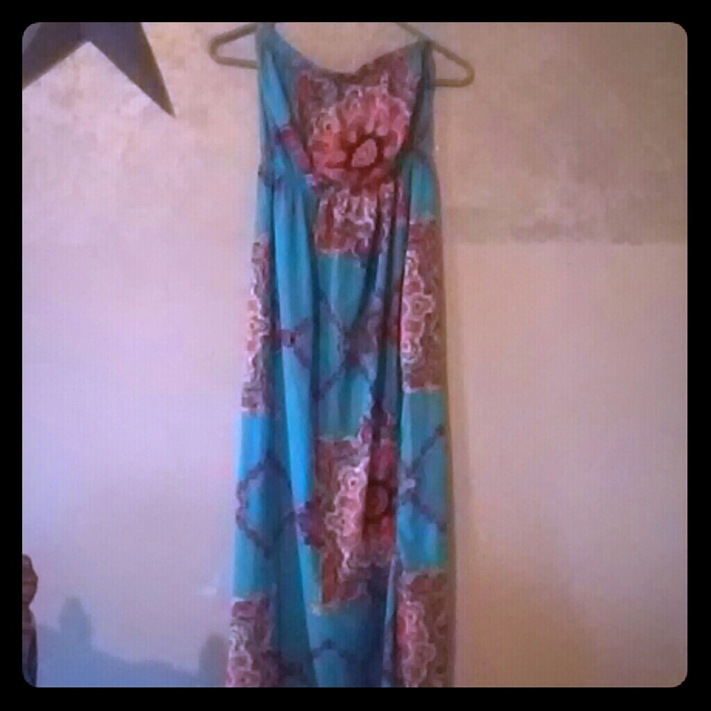 Strapless, teal, with design pattern,long